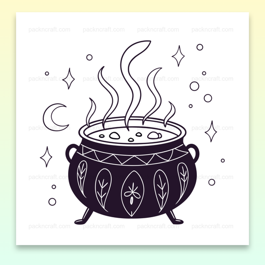 Illustration stylisée d'un chaudron enchanté fumant, idéale pour décorations magiques DIY.
