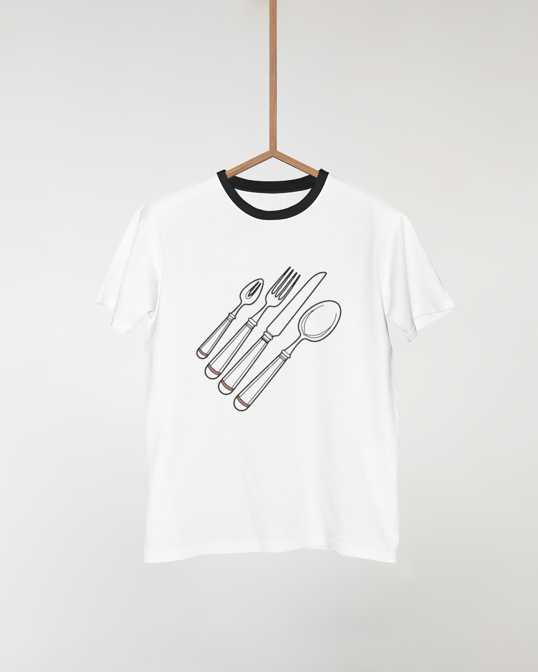 T-shirt minimaliste avec couverts élégants stylisés en icône numérique moderne