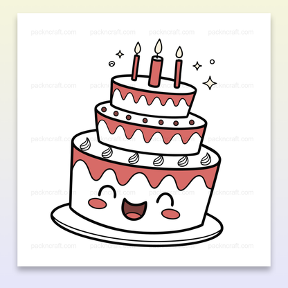 Illustration kawaii de gâteau d'anniversaire avec visage souriant, numérique et imprimable.
