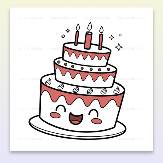 Illustration kawaii de gâteau d'anniversaire avec visage souriant, numérique et imprimable.