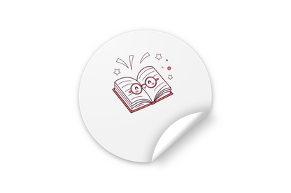 Sticker avec un livre kawaii joyeux et lunettes pour école ou papeterie