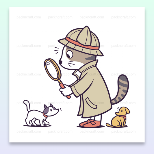 Illustration kawaii d'un chat détective avec loupe et chien