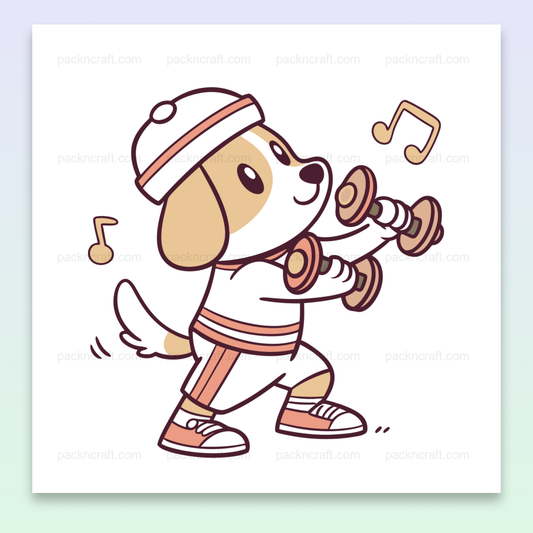 Illustration de chien faisant du sport dans un style cartoon, idéal pour DIY et déco.