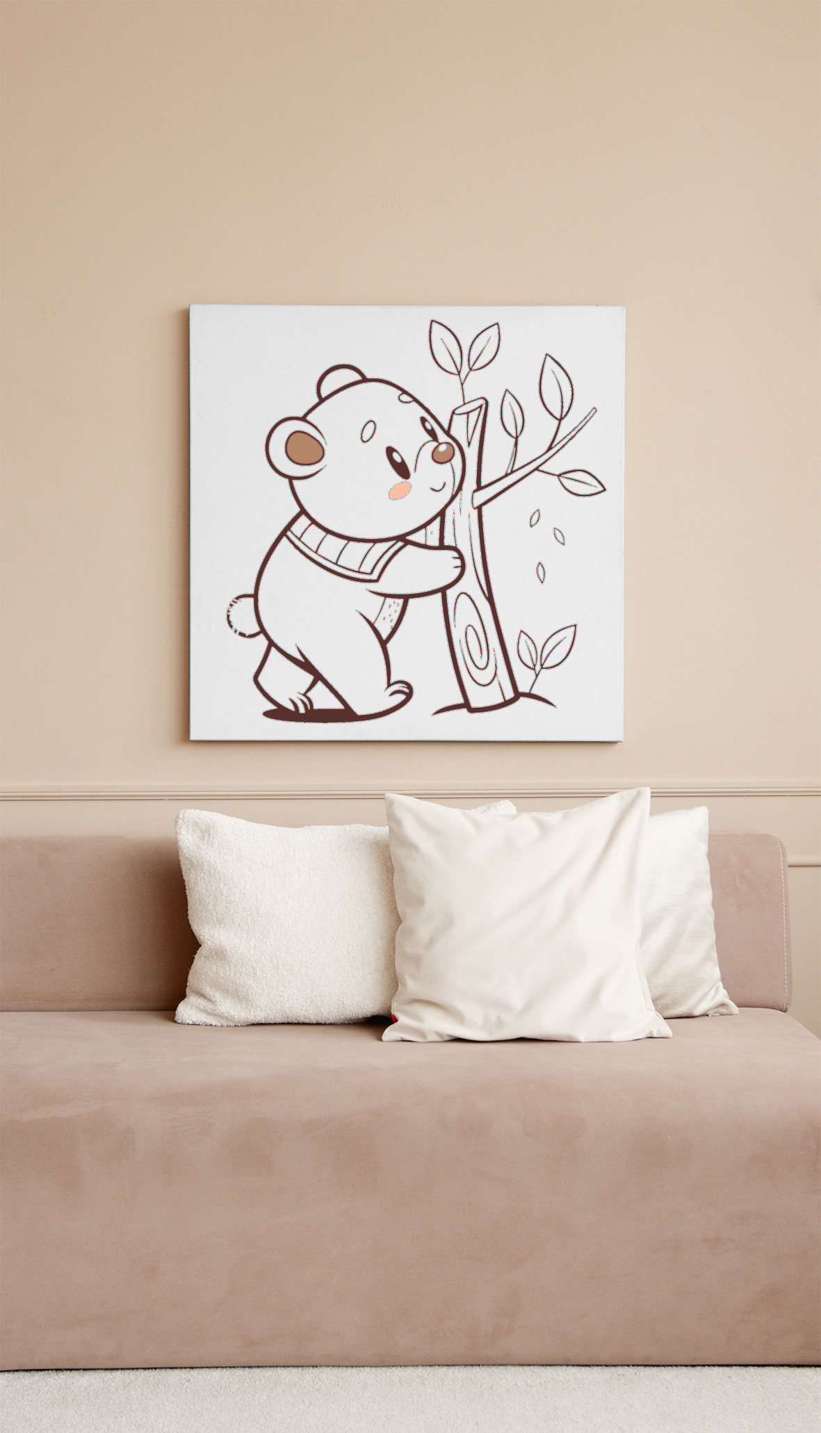 Cadre illustrant un ourson câlin dans un style pastel créant une ambiance apaisante