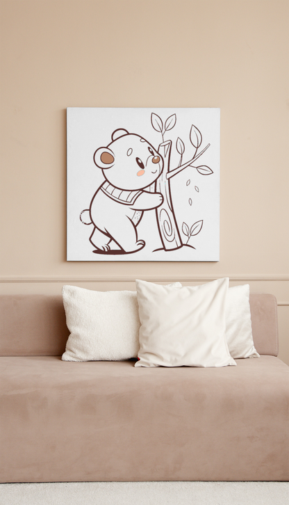 Cadre illustrant un ourson câlin dans un style pastel créant une ambiance apaisante