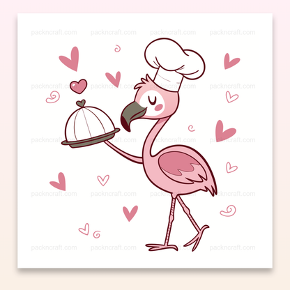 Flamant rose cuisinier avec toque et plateau, idéal pour stickers et papeterie créative.