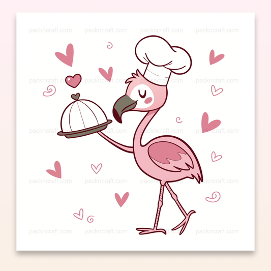 Flamant rose cuisinier avec toque et plateau, idéal pour stickers et papeterie créative.