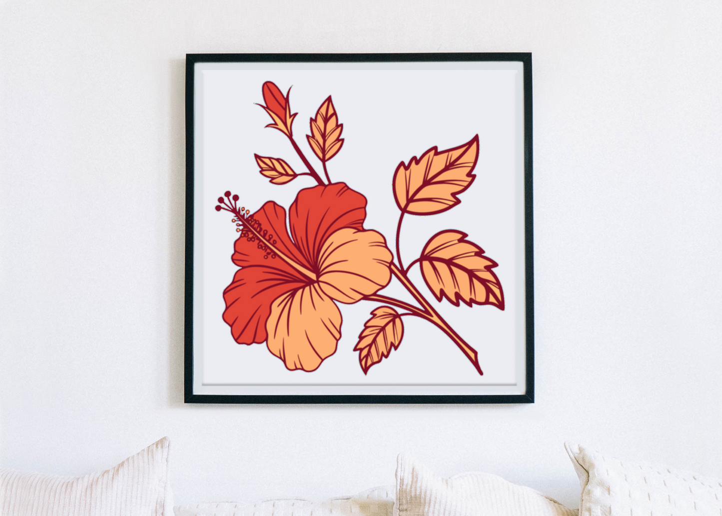 Cadre décoratif avec icône d’hibiscus pastel évoquant une ambiance tropicale