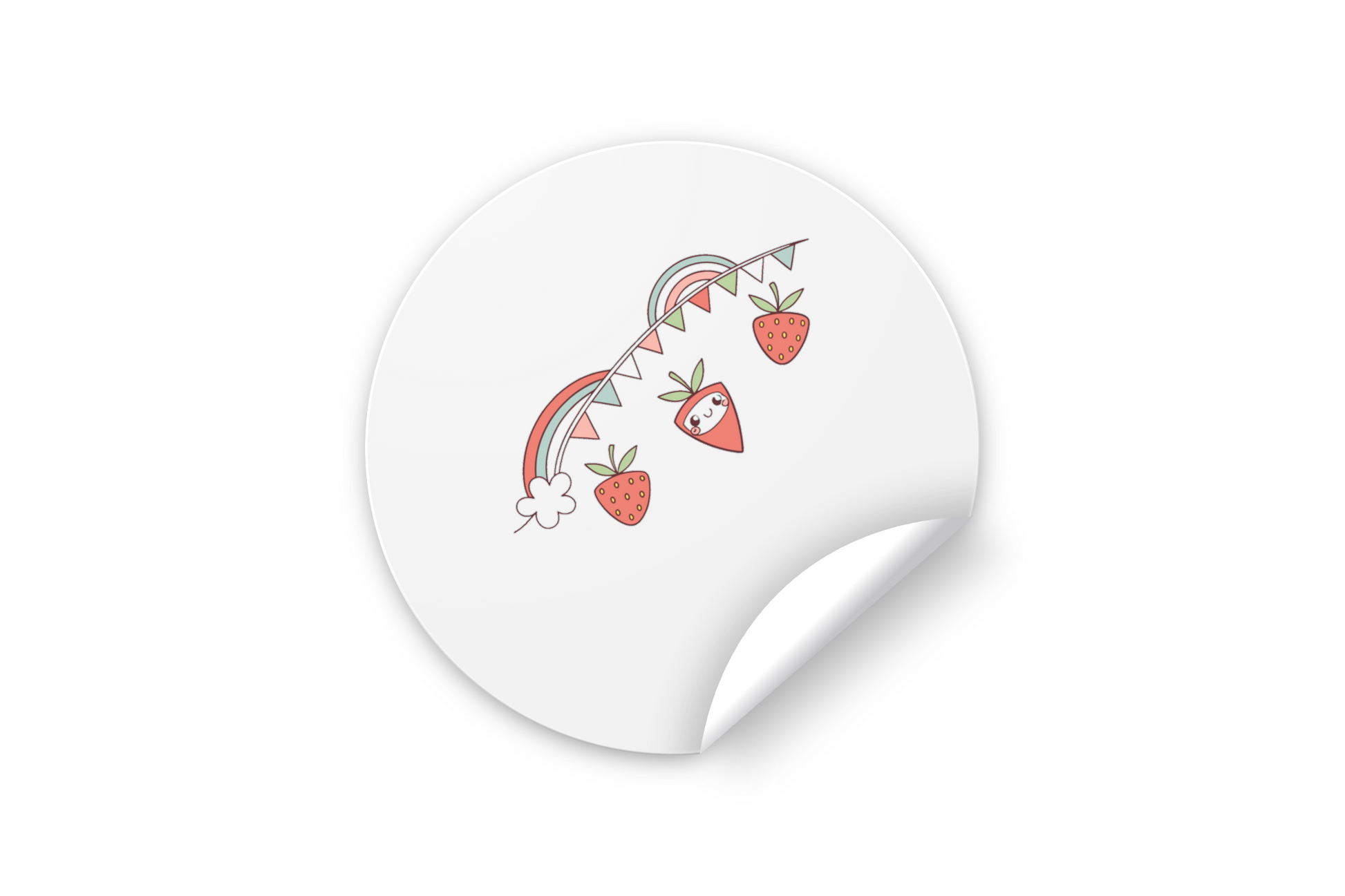 Sticker avec fraises joyeuses sous un arc-en-ciel dans un style digital moderne