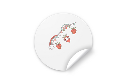 Sticker avec fraises joyeuses sous un arc-en-ciel dans un style digital moderne