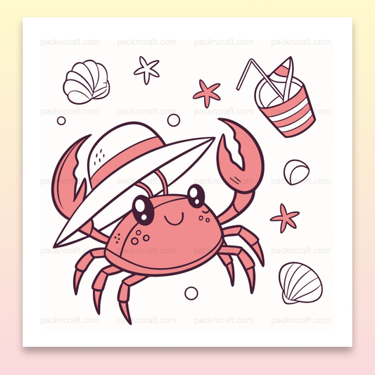 Illustration d'un crabe joyeux en vacances, parfait pour décorations estivales.