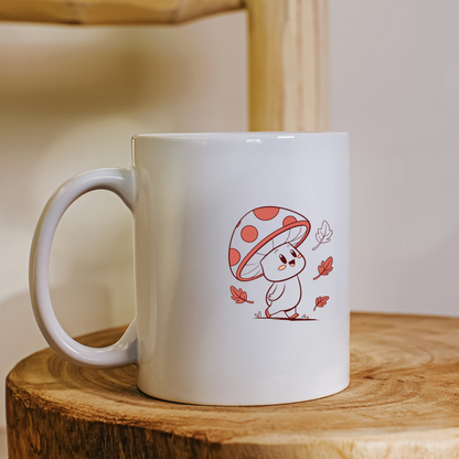 Mug décoré d'un champignon joyeux dans une forêt enchantée aux tons pastel