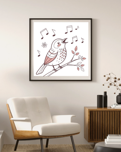 Cadre pastel avec oiseau chantant, dégage sérénité et nature apaisante
