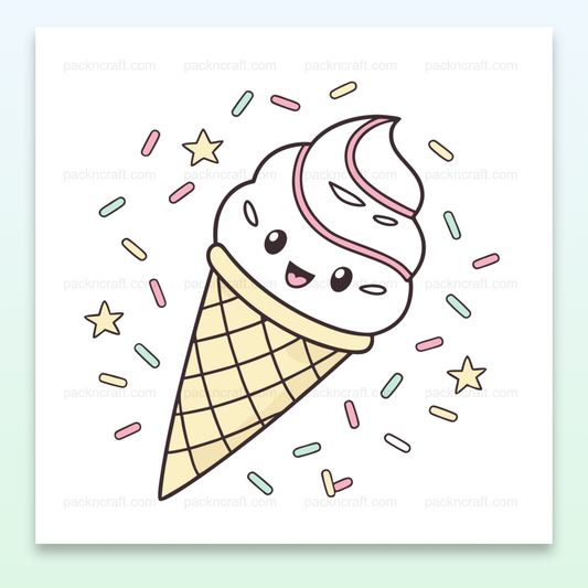 Dessin kawaii de glace en cône avec étoiles et décorations amusantes.