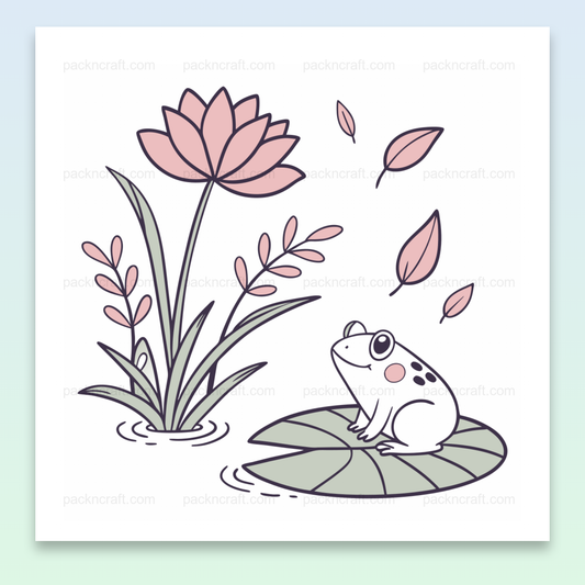 Illustration kawaii de grenouille sur nénuphar, idéale pour DIY et papeterie.