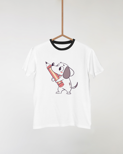 T-shirt amusant avec un chien curieux et un crayon, style éducatif et créatif