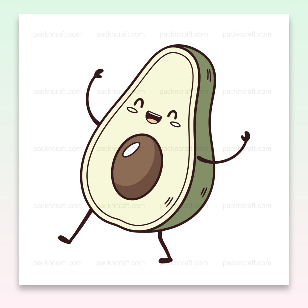 Illustration d'un avocat dansant joyeux en style kawaii, utilisable en papeterie et décoration.