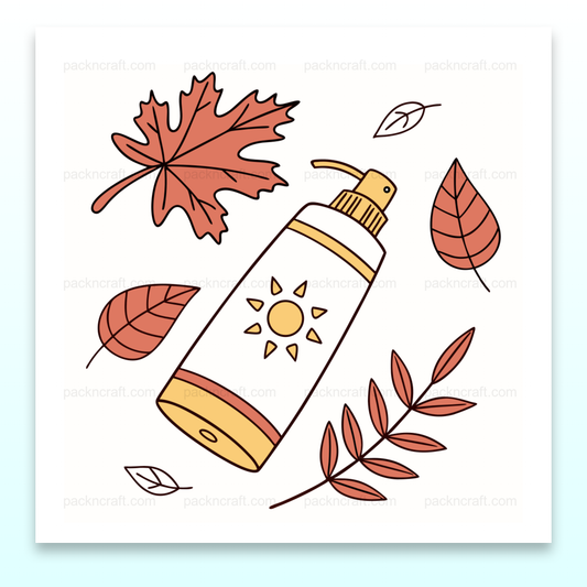 Illustration de crème solaire automnale avec feuilles, idéale pour DIY et déco.