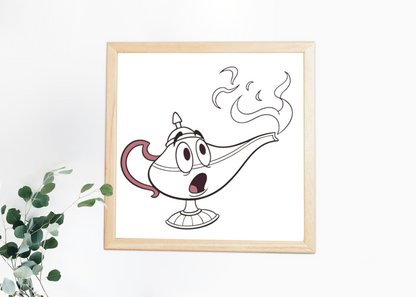 Cadre avec une lampe magique cartoon au style enchanteur et ludique