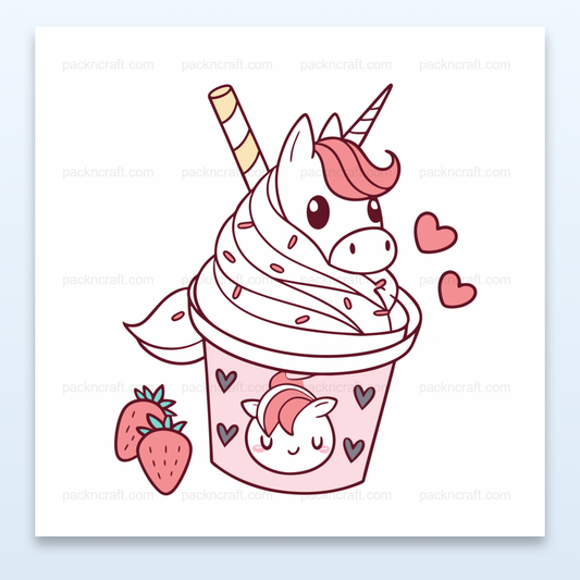 Illustration kawaii d'une licorne gourmande avec des fraises et des cœurs, idéale pour DIY et papeterie.
