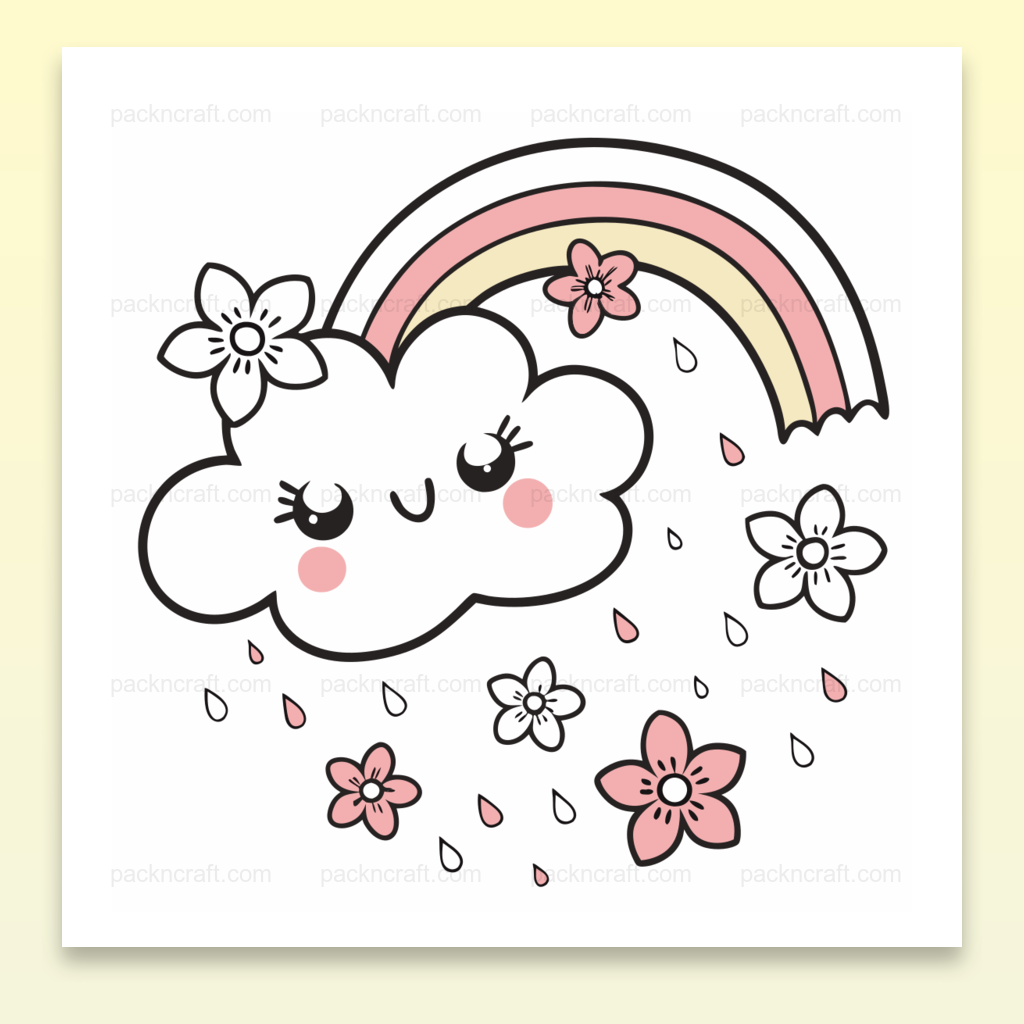 Illustration kawaii d'un nuage joyeux sous un arc-en-ciel pastel pour des usages DIY et déco.