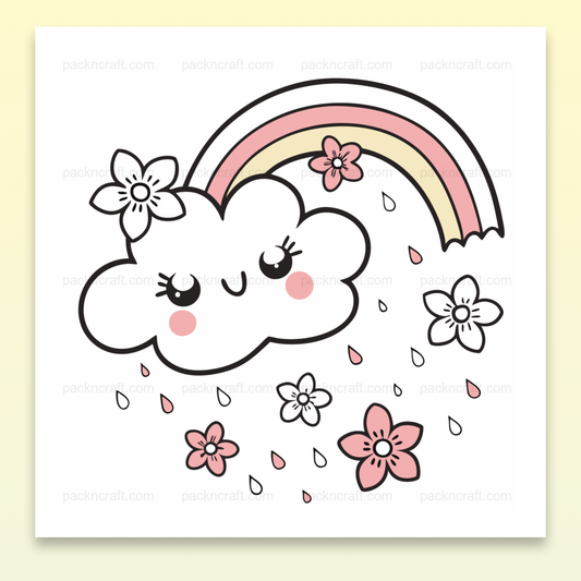 Illustration kawaii d'un nuage joyeux sous un arc-en-ciel pastel pour des usages DIY et déco.