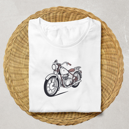 Illustration de moto vintage sur t-shirt, parfait pour looks décontractés