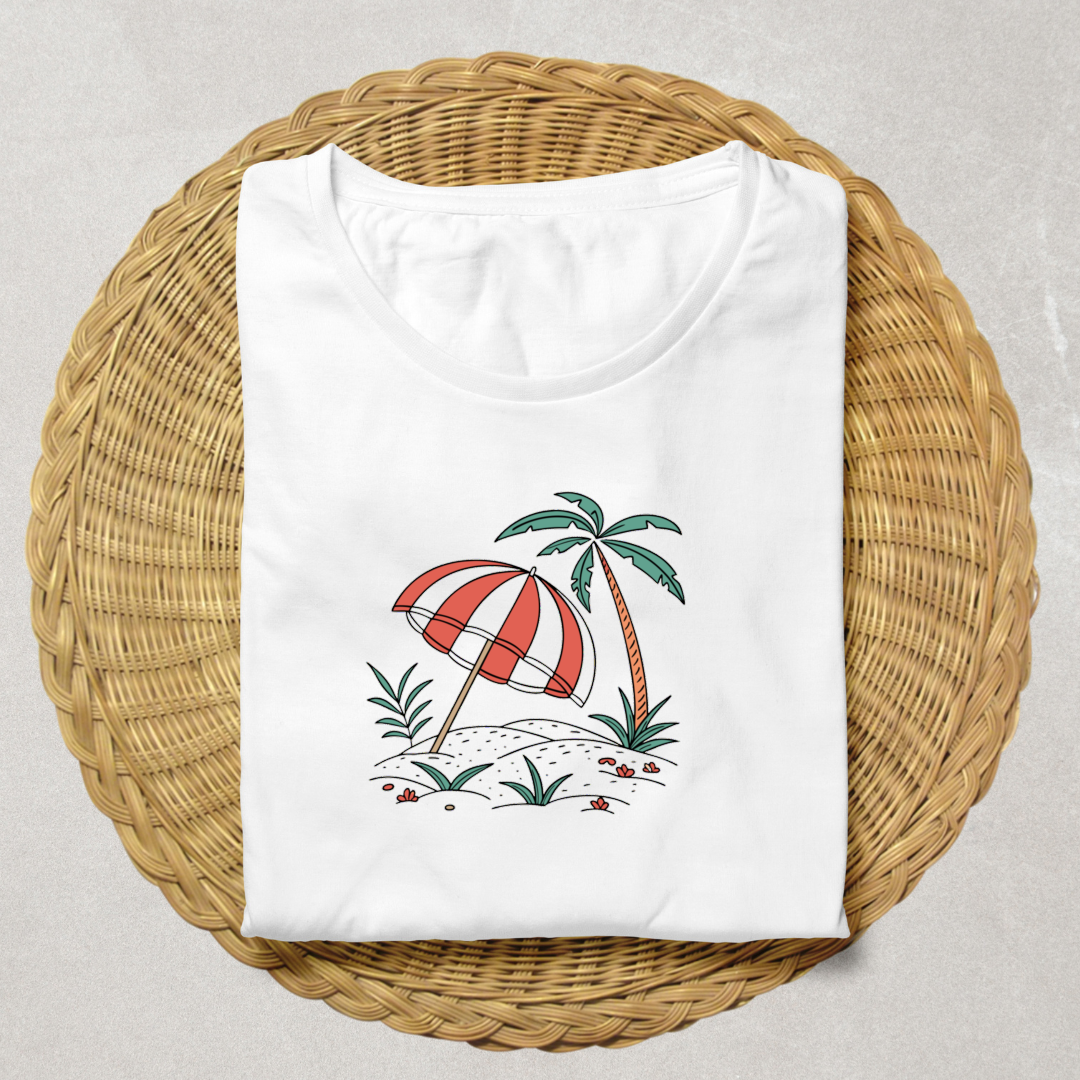 T-shirt vintage décoré d'un parasol sur plage idéal pour un look estival