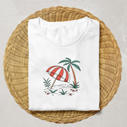 T-shirt vintage décoré d'un parasol sur plage idéal pour un look estival