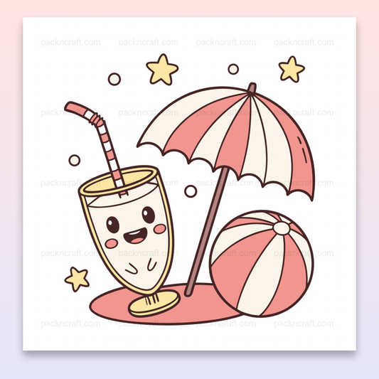 Illustration Kawaii d'un smoothie sous un parasol avec une ambiance de plage, parfaite pour DIY et déco.