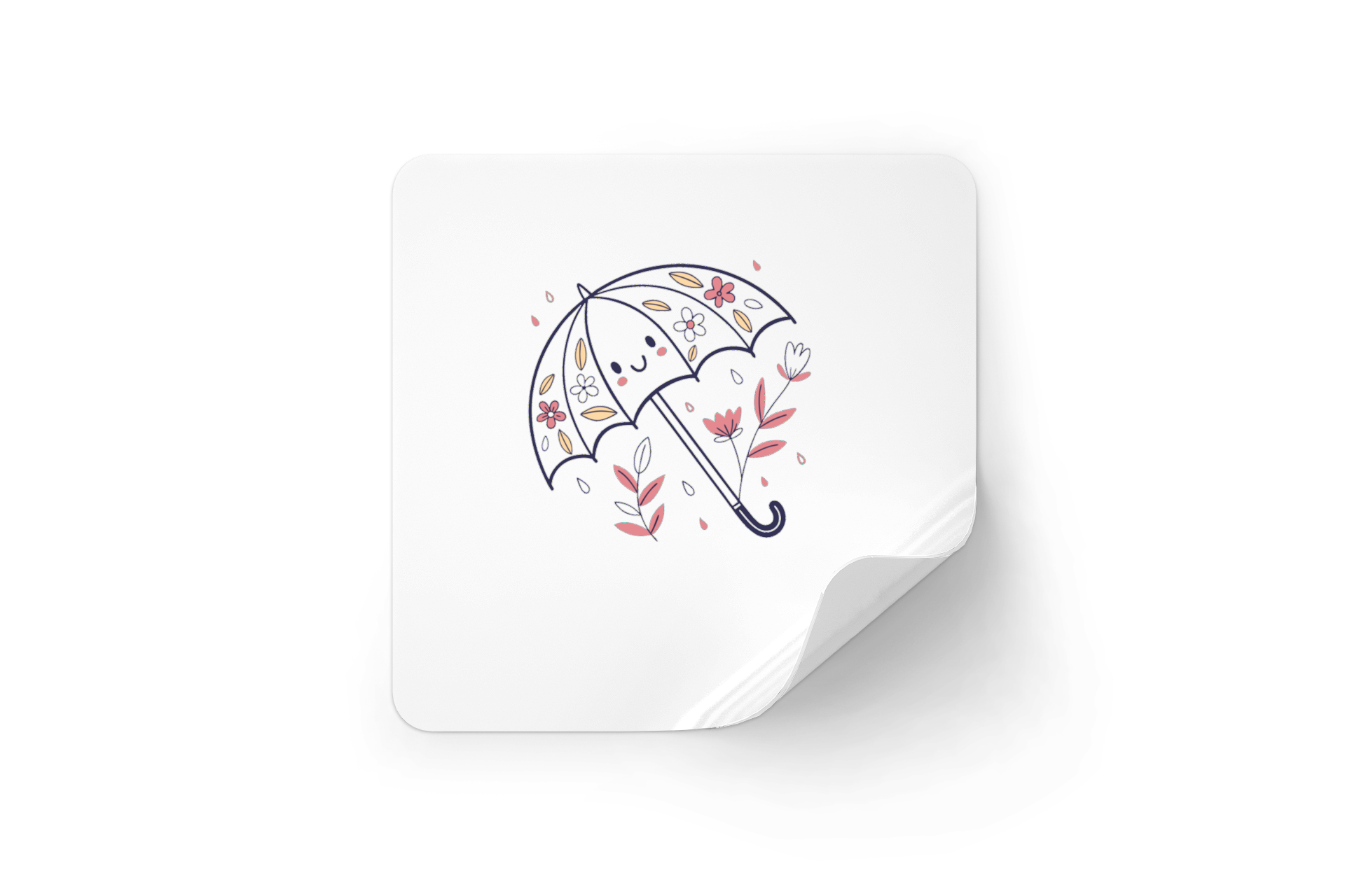 Sticker joyeux avec un parapluie kawaii sous la pluie, ambiance printanière