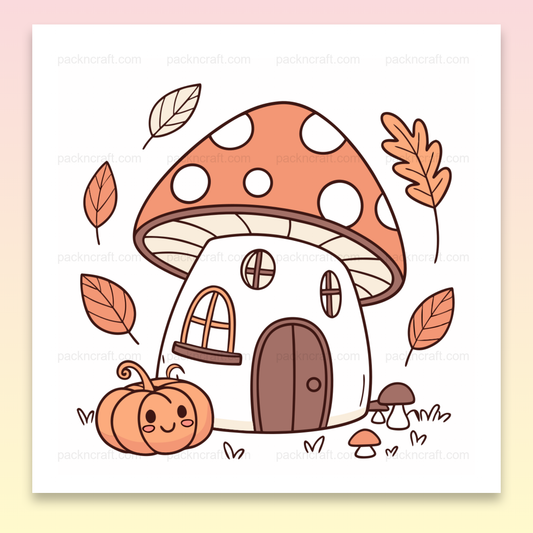 Illustration de maison champignon enchantée dans un style doodle, idéale pour projets automnaux.