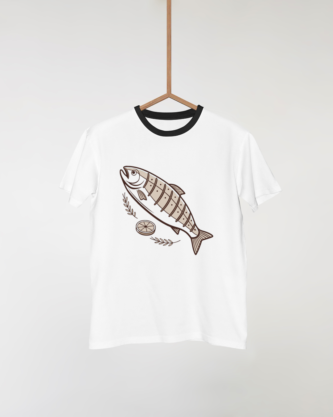 T-shirt minimaliste avec poisson grillé et citron pour les amateurs de cuisine plein air