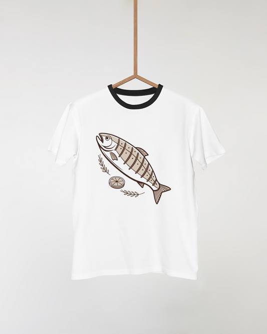T-shirt minimaliste avec poisson grillé et citron pour les amateurs de cuisine plein air