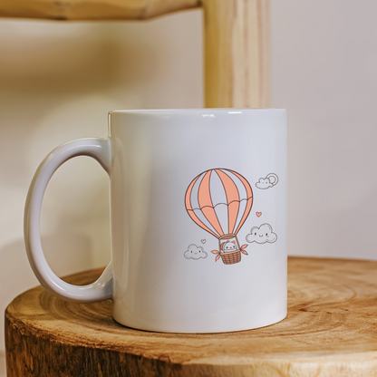 Mug décoré d'un chaton montgolfière pastel, aventure céleste amusante