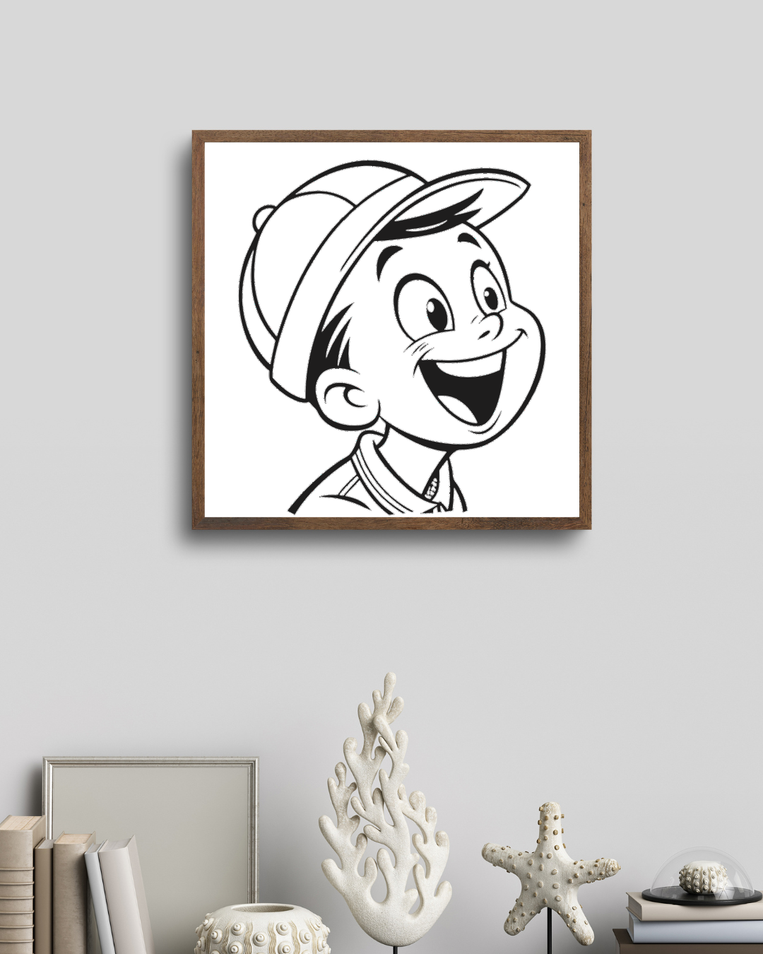 Enfant joyeux avec casquette sur cadre moderne, style cartoon et enfantin