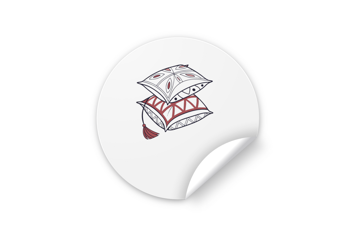 Sticker avec des oreillers bohèmes empilés, créant une scène de déco chic et cosy