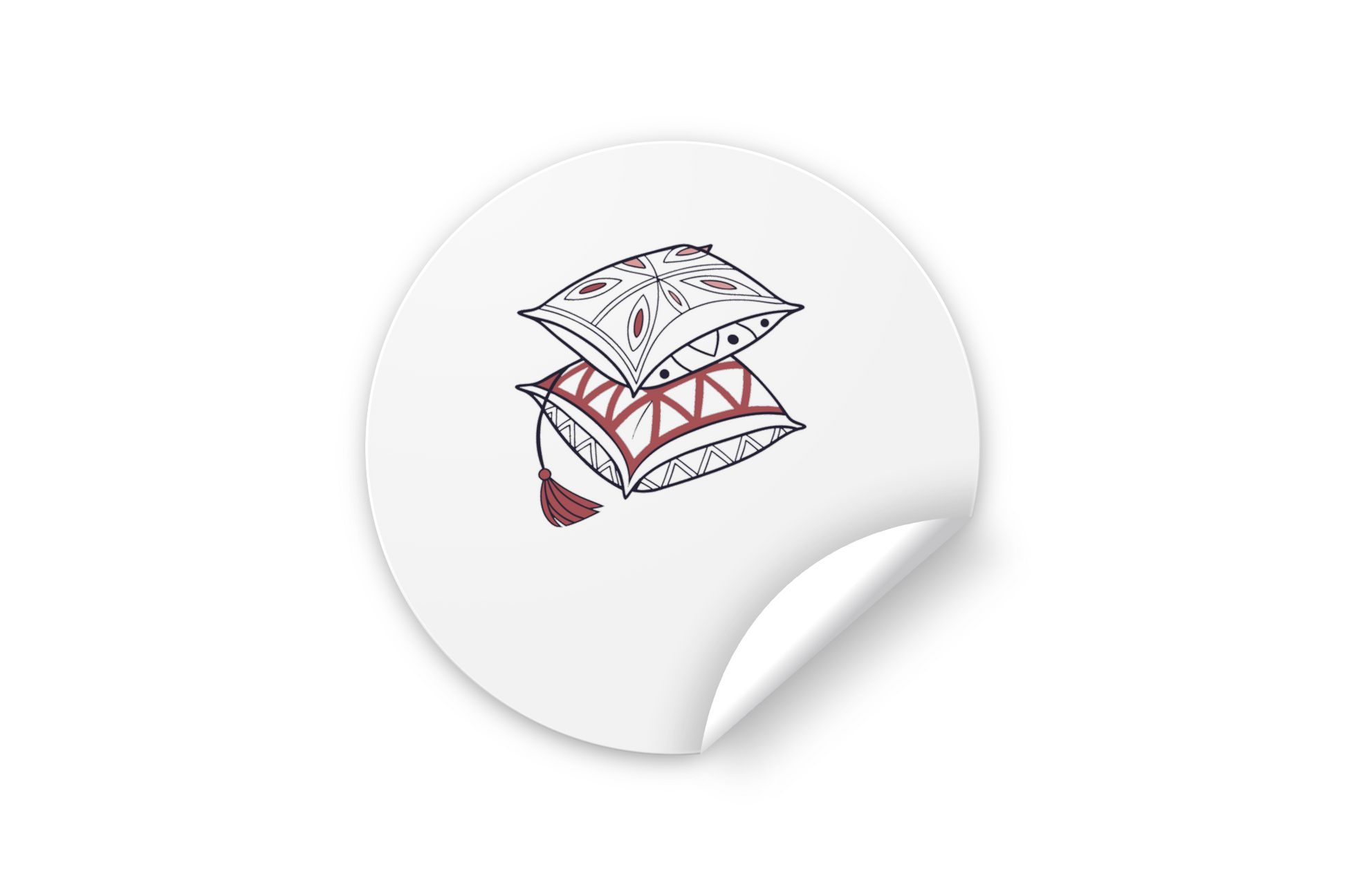 Sticker avec des oreillers bohèmes empilés, créant une scène de déco chic et cosy
