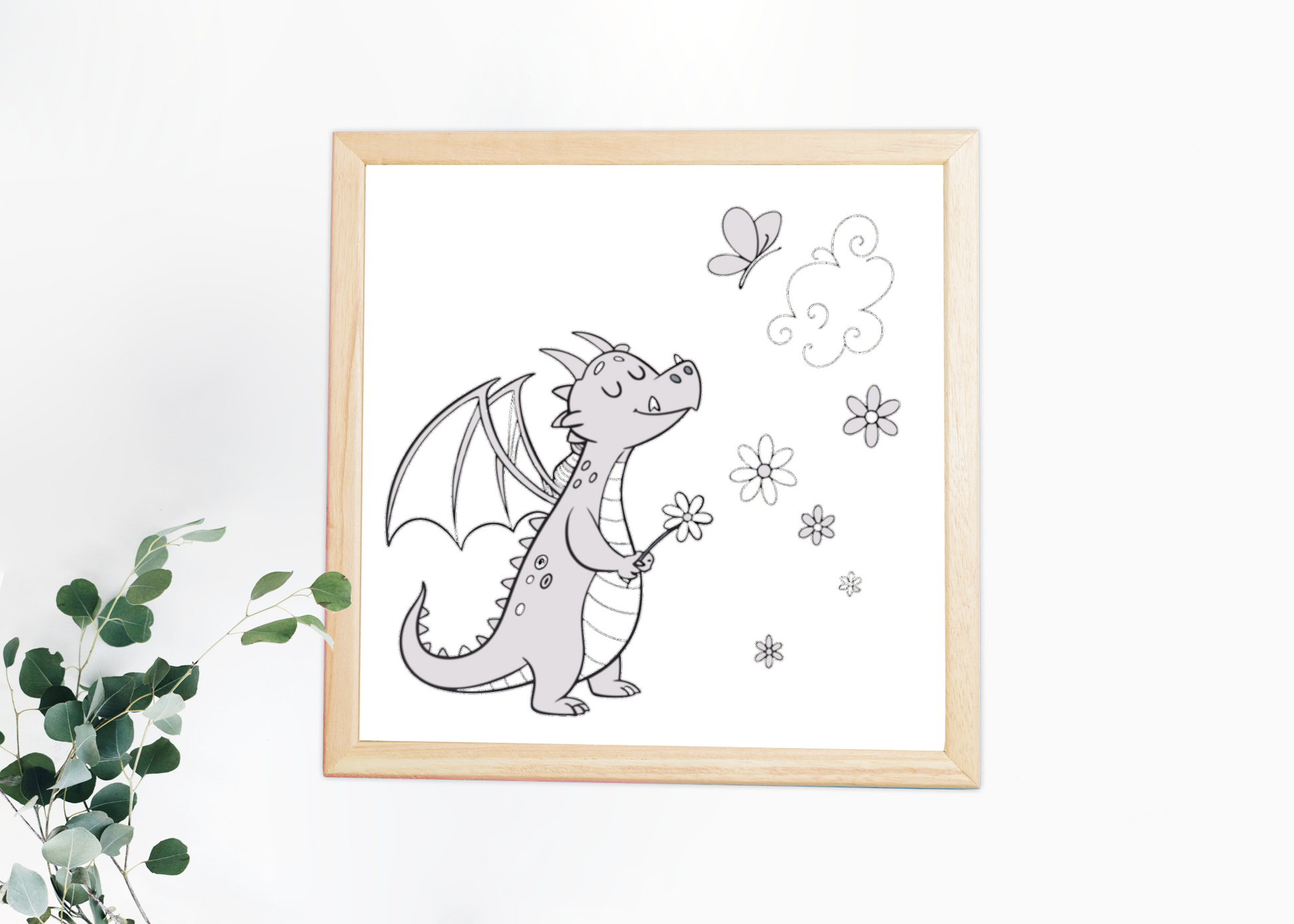 Cadre avec dragon rêveur et papillon, scène paisible et décorative