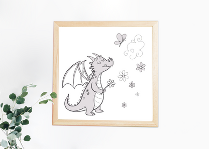 Cadre avec dragon rêveur et papillon, scène paisible et décorative