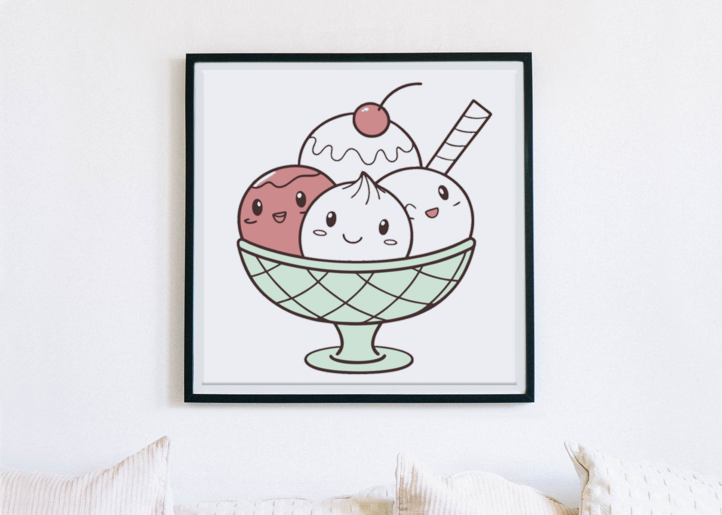 Affiche murale avec sundae kawaii, parfaite pour décoration d'intérieur.