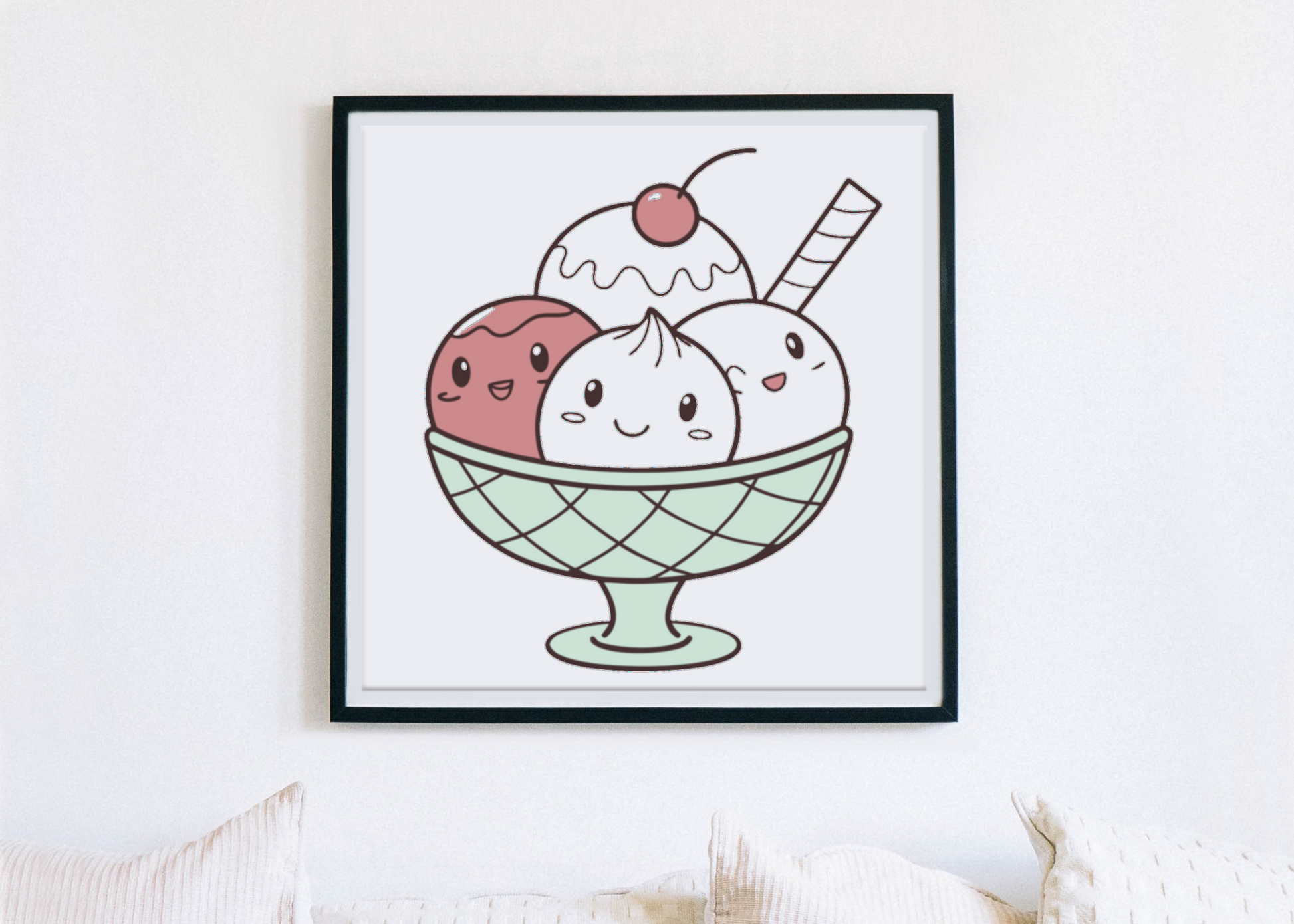 Affiche murale avec sundae kawaii, parfaite pour décoration d'intérieur.