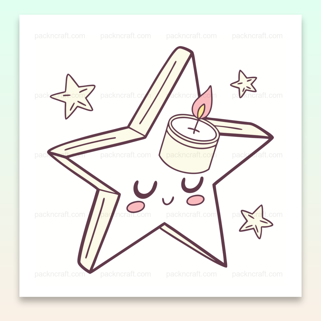 Illustration kawaii d'une étoile avec une bougie, idéale pour DIY.