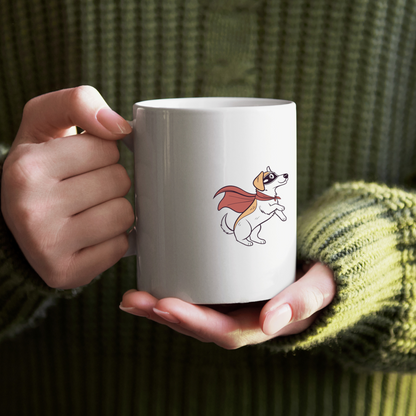 Mug coloré avec motif de chien super-héros masqué en plein vol héroïque