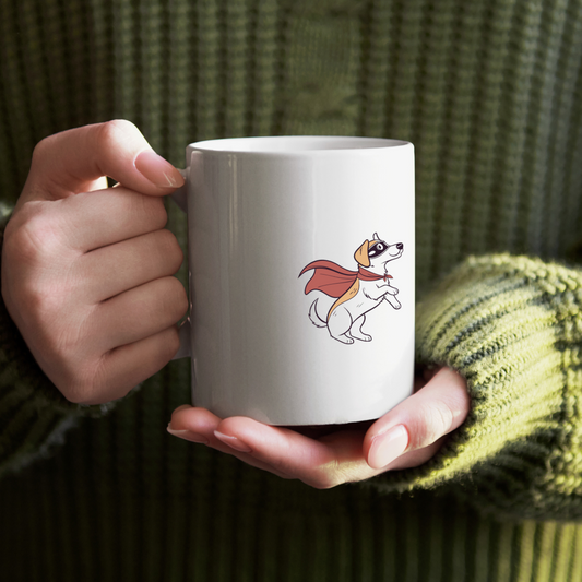 Mug coloré avec motif de chien super-héros masqué en plein vol héroïque