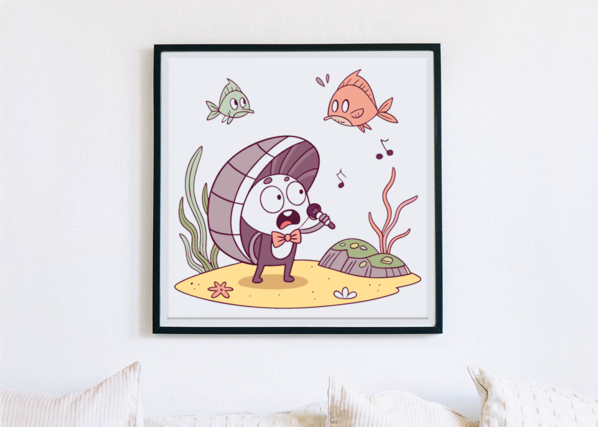 Cadre marin élégant avec coquillage chantant et thème océan pour décoration murale