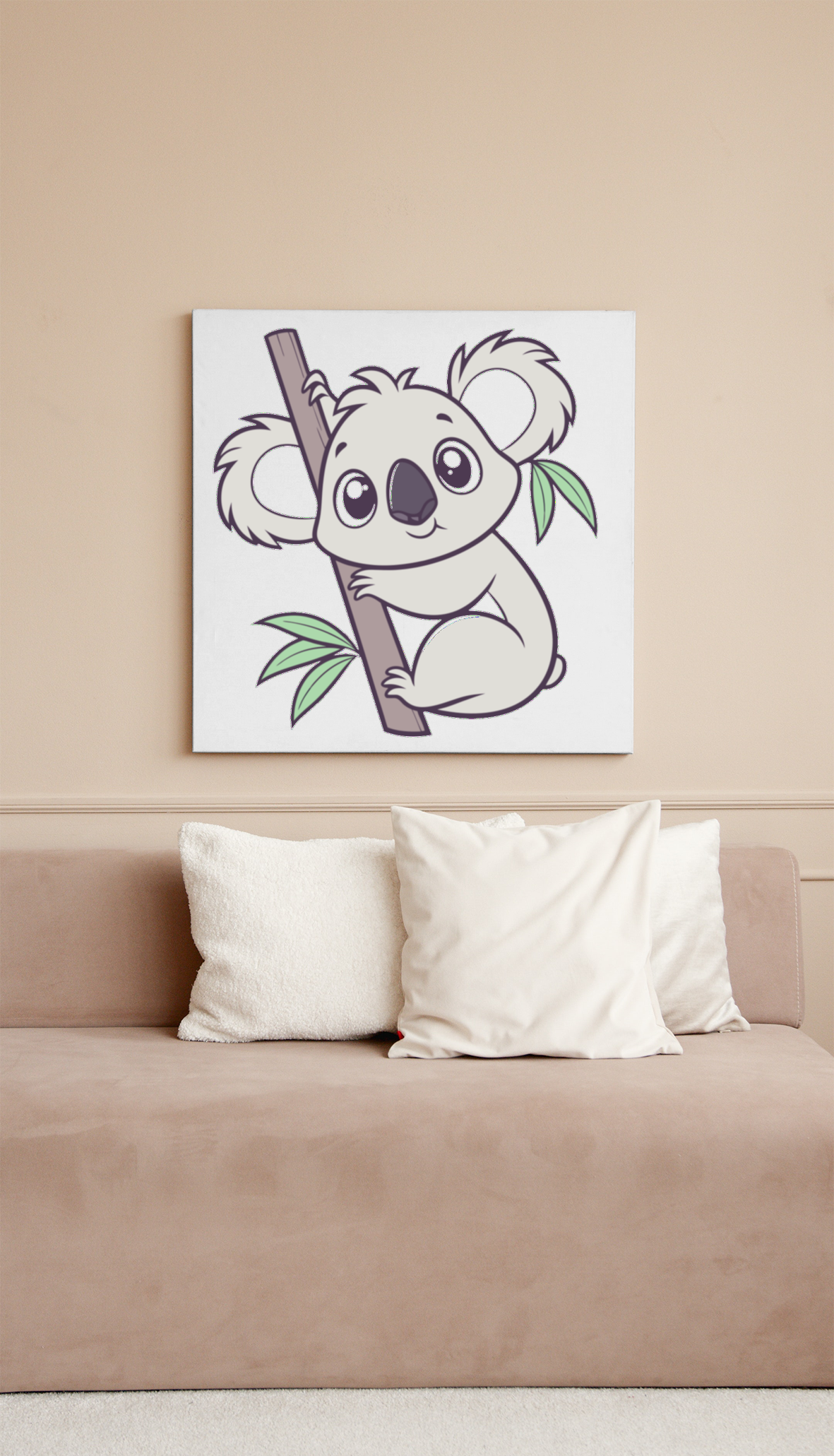 Cadre décoratif avec koala curieux, style vectoriel doux, ambiance nature