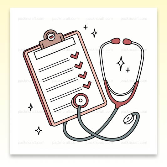 Illustration vintage d'un stéthoscope et d'une liste de contrôle., Design pour mug avec stéthoscope et liste, style vintage., Cadre illustré avec un stéthoscope et liste de contrôle, esthétiquement rétro., Motif de t-shirt avec illustration vintage de stéthoscope sur fond clair., Sticker rétro mettant en scène un stéthoscope et une liste à cocher.