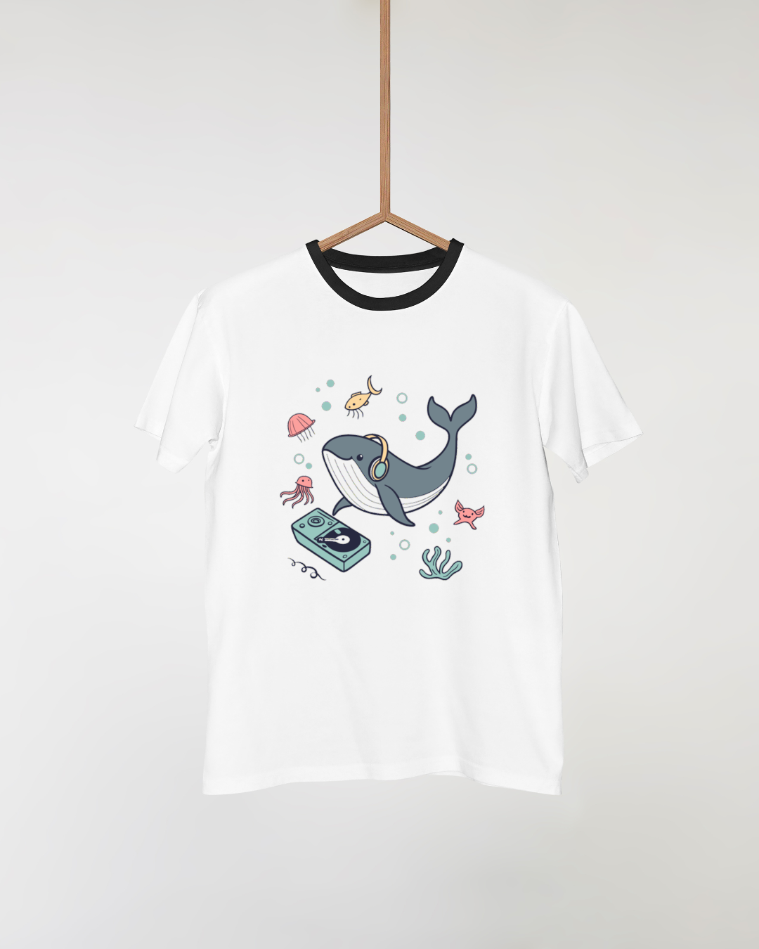 T-shirt avec baleine DJ amusante en style vectoriel pour une aventure musicale