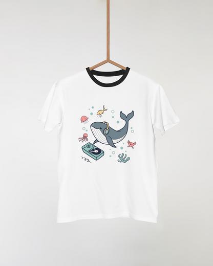 T-shirt avec baleine DJ amusante en style vectoriel pour une aventure musicale
